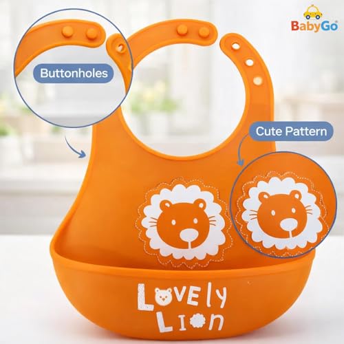 BabyGo Silicone Baby Bib for Feeding & Weaning Infants & Toddlers |Waterproof, Washable & Reusable | Adjustable, Lightweight & Foldable Bib with Food Catcher Pocket |Light Orange (Pack of 1) - Image 2