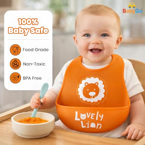 BabyGo Silicone Baby Bib for Feeding & Weaning Infants & Toddlers |Waterproof, Washable & Reusable | Adjustable, Lightweight & Foldable Bib with Food Catcher Pocket |Light Orange (Pack of 1) - Image 4
