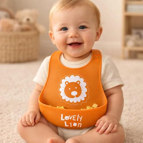 BabyGo Silicone Baby Bib for Feeding & Weaning Infants & Toddlers |Waterproof, Washable & Reusable | Adjustable, Lightweight & Foldable Bib with Food Catcher Pocket |Light Orange (Pack of 1) - Image 1