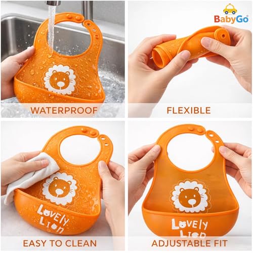 BabyGo Silicone Baby Bib for Feeding & Weaning Infants & Toddlers |Waterproof, Washable & Reusable | Adjustable, Lightweight & Foldable Bib with Food Catcher Pocket |Light Orange (Pack of 1) - Image 5