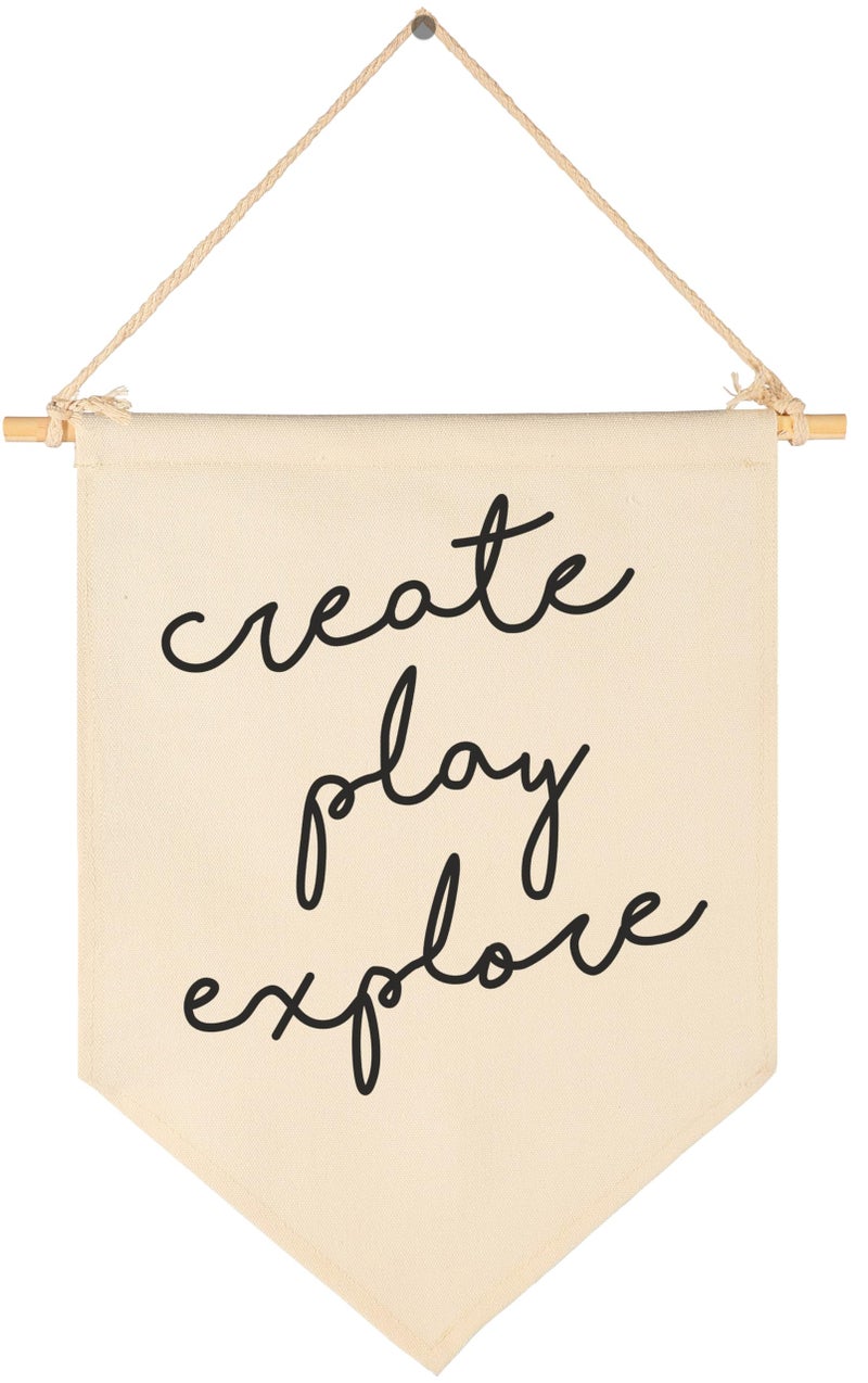GEANHIL Create Play Explore-Sign Above Crib-Flag Wall Decor Gifts for Baby Boys Girls Kids-Canvas Hanging Banner Pennant Wall Decor Gifts for Nursery Baby Room Playroom Homeschool Reading Room Bedroom - Image 1