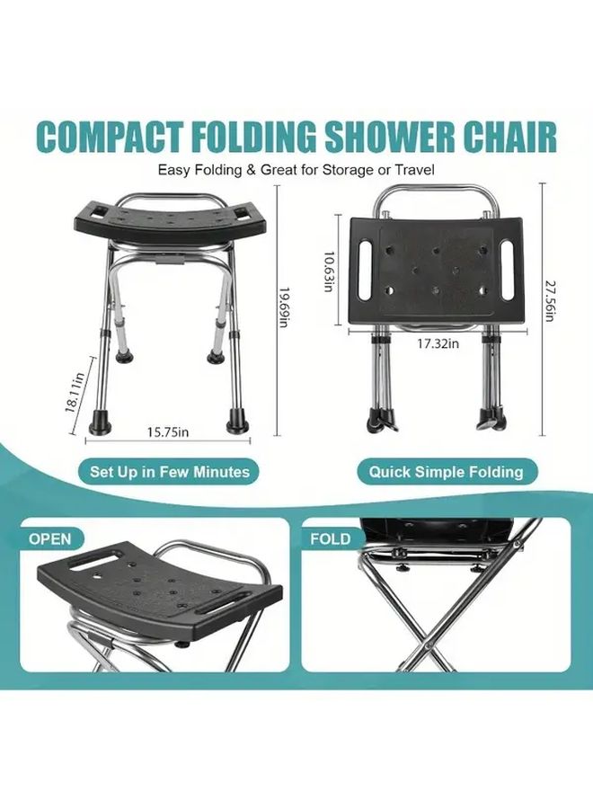 Folding Shower Chair Seat Height Adjustable Stainless Steel Bath Stool 400lbs Capacity Portable Travel Shower Chair Anti Slip Safety Chair For Seniors Variant Black - Image 2
