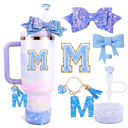 Lingdeer Blue Cup Accessories Set for Stanley 30OZ & 40OZ Tumbler with Handle, Letter Charms, Bow & Diamond Straw Covers, Glitter Silicone Boot, Personalized Sticker for Stanley Cup Accessories (M) - Image 1