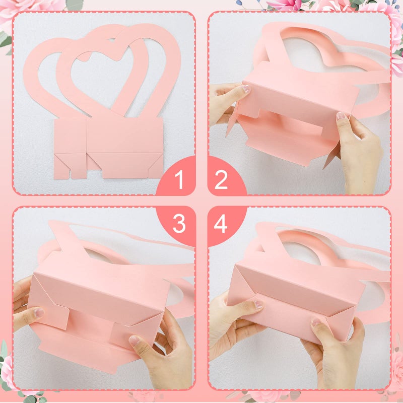 Sinmoe 12 Pcs Valentines Heart Shaped Boxes for Flowers Valentines Flower Gift Bag Wedding Empty Bouquet Gift Bags with Handle Folding Basket for Bridal Baby Shower Party Supply(Pink) - Image 4