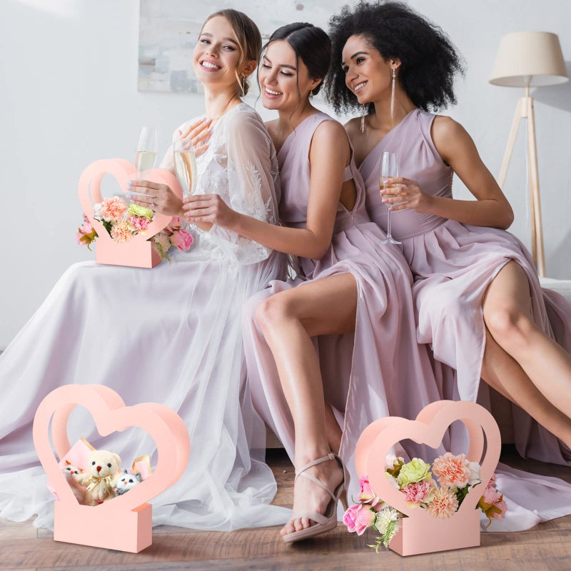 Sinmoe 12 Pcs Valentines Heart Shaped Boxes for Flowers Valentines Flower Gift Bag Wedding Empty Bouquet Gift Bags with Handle Folding Basket for Bridal Baby Shower Party Supply(Pink) - Image 5