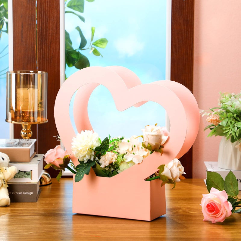 Sinmoe 12 Pcs Valentines Heart Shaped Boxes for Flowers Valentines Flower Gift Bag Wedding Empty Bouquet Gift Bags with Handle Folding Basket for Bridal Baby Shower Party Supply(Pink) - Image 3