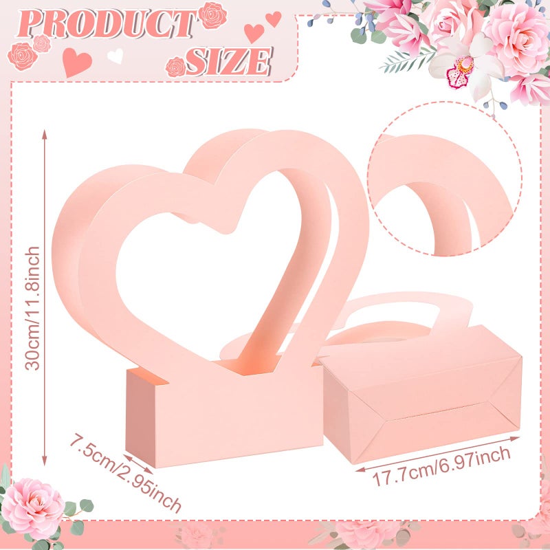 Sinmoe 12 Pcs Valentines Heart Shaped Boxes for Flowers Valentines Flower Gift Bag Wedding Empty Bouquet Gift Bags with Handle Folding Basket for Bridal Baby Shower Party Supply(Pink) - Image 2