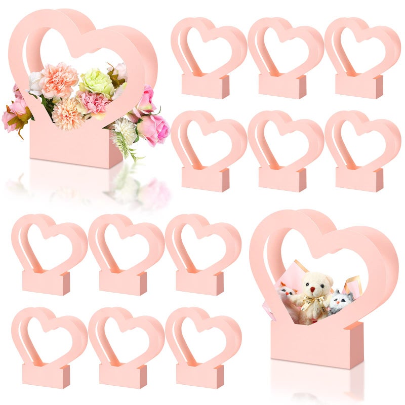 Sinmoe 12 Pcs Valentines Heart Shaped Boxes for Flowers Valentines Flower Gift Bag Wedding Empty Bouquet Gift Bags with Handle Folding Basket for Bridal Baby Shower Party Supply(Pink) - Image 1