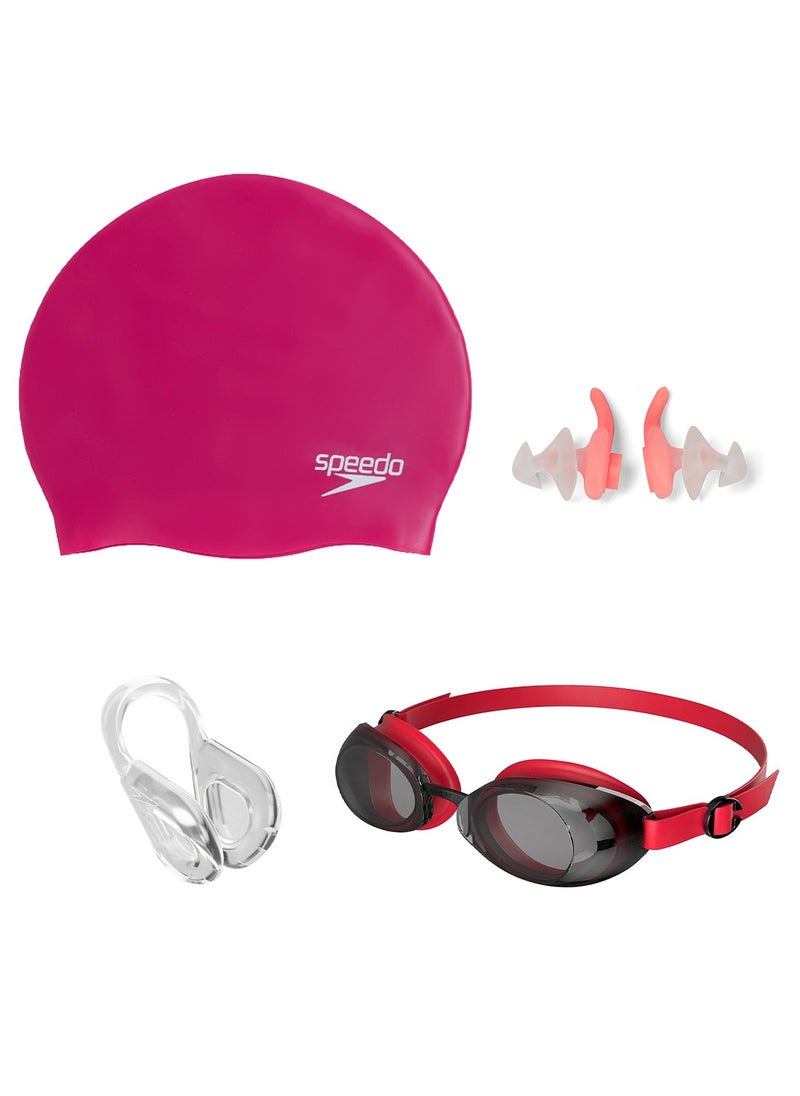 speedo Speedo Unisex Swimming Kit – Includes Goggles, Long Hair Swim Cap, Earplugs, and Nose Clip (One Size Pink) 