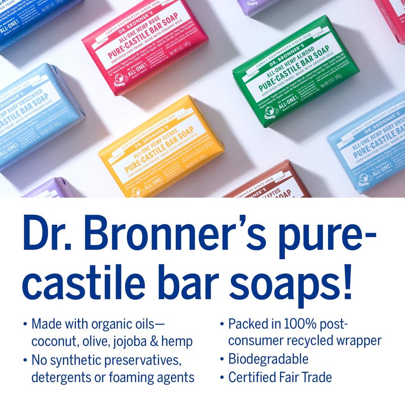 Dr. Bronner's - Pure-Castile Bar Soap (5 Ounce Variety Gift Pack) Almond, Unscented, Lavender, Peppermint, Citrus, Rose - Made with Organic Oils - Image 4