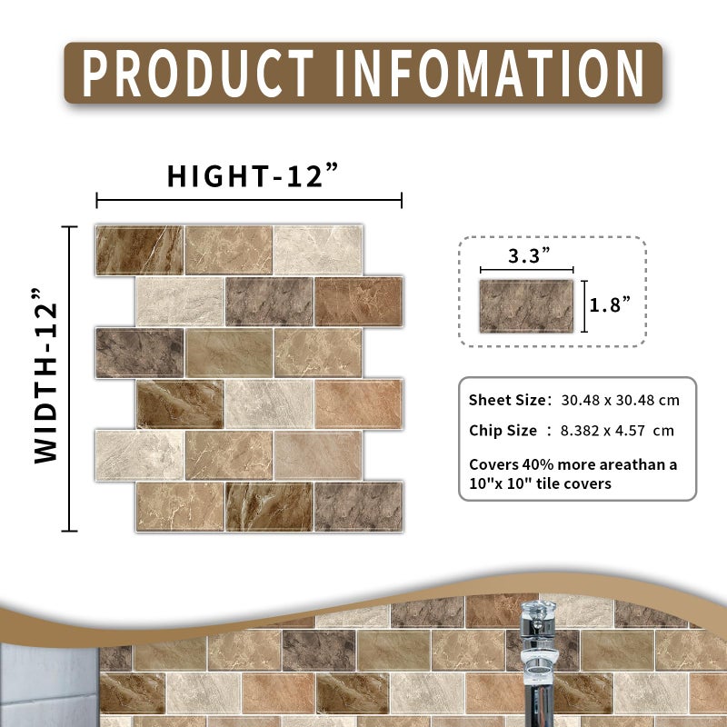 BSABSAQAA 10 Sheets Peel and Stick Backsplash for Kitchen 12"X12" Renter Friendly Backsplash Back Splash Adhesive Subway Wall Tile Flat Vinyl Sticker for Bathroom Brown Marble (Not 3D Tile) - Image 2