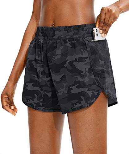 Soothfeel Womens Running Shorts with Zipper Pockets High Waisted Athletic Gym Workout Shorts for Women with Liner Grey Camo - Image 1