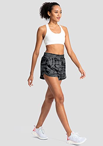 Soothfeel Womens Running Shorts with Zipper Pockets High Waisted Athletic Gym Workout Shorts for Women with Liner Grey Camo - Image 5