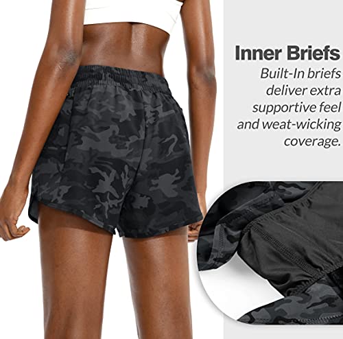 Soothfeel Womens Running Shorts with Zipper Pockets High Waisted Athletic Gym Workout Shorts for Women with Liner Grey Camo - Image 2