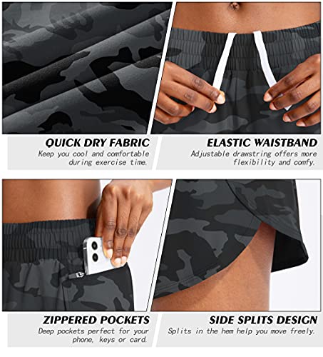 Soothfeel Womens Running Shorts with Zipper Pockets High Waisted Athletic Gym Workout Shorts for Women with Liner Grey Camo - Image 4