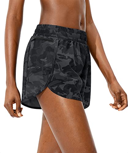 Soothfeel Womens Running Shorts with Zipper Pockets High Waisted Athletic Gym Workout Shorts for Women with Liner Grey Camo - Image 3