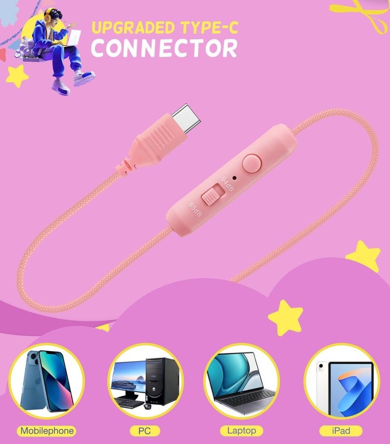 سماعات رأس للأطفال للمدرسة، سماعات رأس للأطفال من نوع USB Type C مع أضواء LED، سماعات رأس سلكية للأولاد والبنات مع محدد أمان 85dB/94dB، سماعات رأس قابلة للطي توضع على الأذن مع ميكروفونات للفتيات، الأولاد، iPad - وردي - Image 2