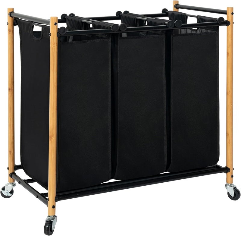 STORAGE MANIAC 3 Section Laundry Sorter, 3 Bag Laundry Hamper Cart with Heavy Duty Rolling Lockable Wheels and Removable Bags, Laundry Organizer Basket Clothes Separator Hamper, Bamboo - Image 1