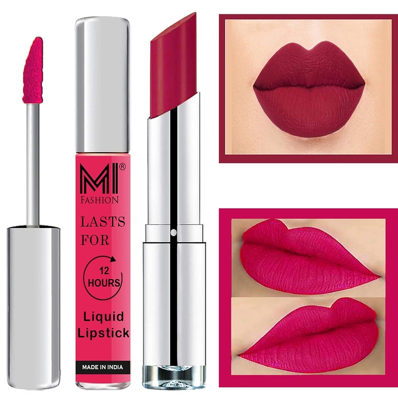 MI Fashion Made in India Lipstick Combo Offers 100 Veg Long Lasting Magenta Liquid Matte Lipstick Dry Red Creamy Matte Lipstick - Image 1