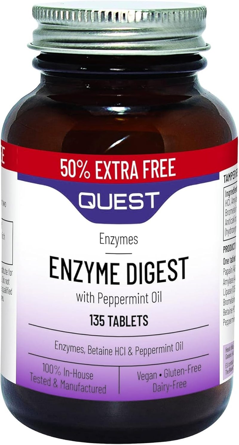 Quest Enzyme Digest With Peppermint Oil Betaine 9045 Vegan Tablets For Bloated Stomach And Indigestion Dairy Gluten Free Enzymes Digestion Supplement For Bloating And Heartburn Relief 1 Pack - Image 1