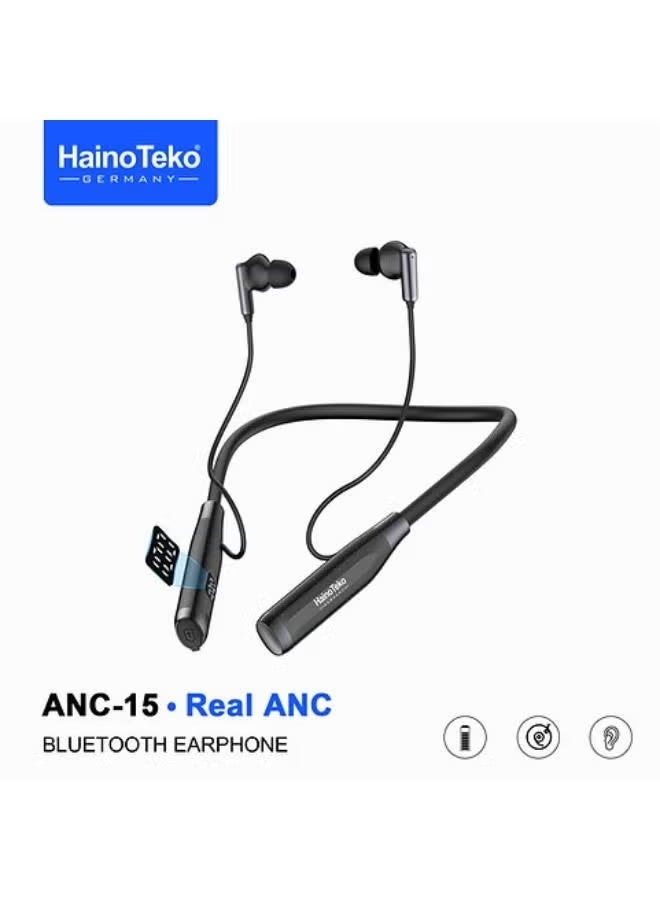 هينو تيكو سماعة هاينو تيكو ألمانيا ANC-15 بلوتوث للرقبة، موسيقى تدوم 100 ساعة بجودة صوت جهير عالية، ميكروفون فائق الوضوح، خاصية إلغاء الضوضاء النشطة، لون أسود - Image 1