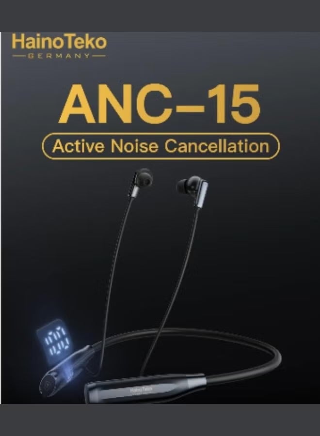 هينو تيكو سماعة هاينو تيكو ألمانيا ANC-15 بلوتوث للرقبة، موسيقى تدوم 100 ساعة بجودة صوت جهير عالية، ميكروفون فائق الوضوح، خاصية إلغاء الضوضاء النشطة، لون أسود - Image 2