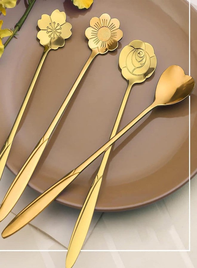 CETLO Flower Dessert Spoon Set 8 Golden Elegant & Durable Table Spoon Stainless Steel for Dining, Kitchen Tea Coffee 4 Styles Poon Cutlery for Home, Restaurant & Hotel Use चम्मच सेट, कटलरी 8-Pcs,Gold - Image 4