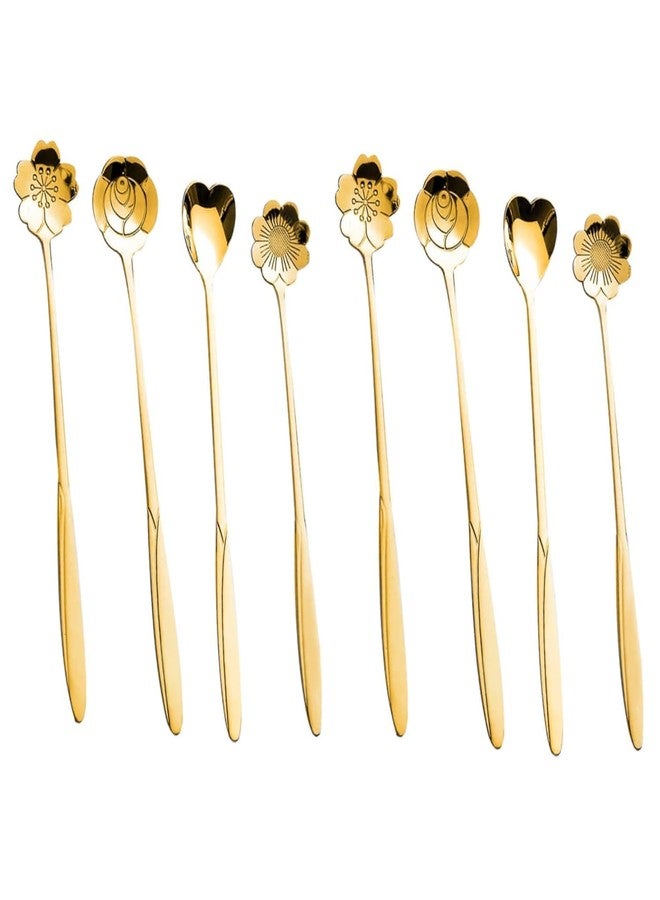 CETLO Flower Dessert Spoon Set 8 Golden Elegant & Durable Table Spoon Stainless Steel for Dining, Kitchen Tea Coffee 4 Styles Poon Cutlery for Home, Restaurant & Hotel Use चम्मच सेट, कटलरी 8-Pcs,Gold - Image 1