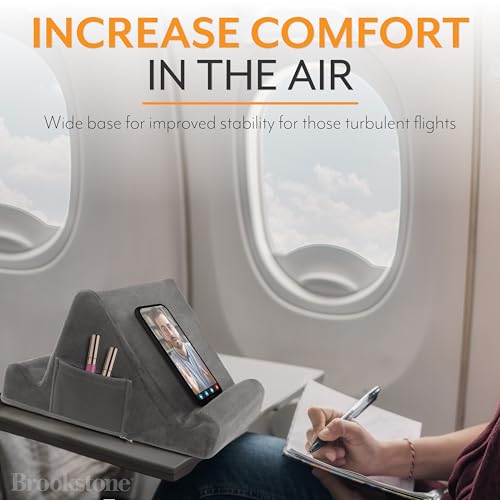 Brookstone, Memory Foam Lap Desk Tablet Holder, Holds Phones, iPads, E-Book Readers, 2 Viewing Angles, 2 Side Pockets for Accessories, Book Holder Cushion, Perfect Home, Car Travel, Flights, Gray - Image 3
