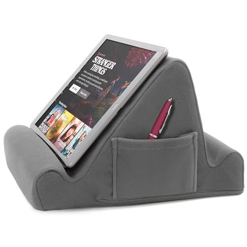 Brookstone, Memory Foam Lap Desk Tablet Holder, Holds Phones, iPads, E-Book Readers, 2 Viewing Angles, 2 Side Pockets for Accessories, Book Holder Cushion, Perfect Home, Car Travel, Flights, Gray - Image 1