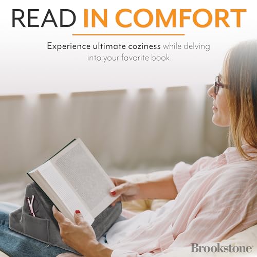 Brookstone, Memory Foam Lap Desk Tablet Holder, Holds Phones, iPads, E-Book Readers, 2 Viewing Angles, 2 Side Pockets for Accessories, Book Holder Cushion, Perfect Home, Car Travel, Flights, Gray - Image 4
