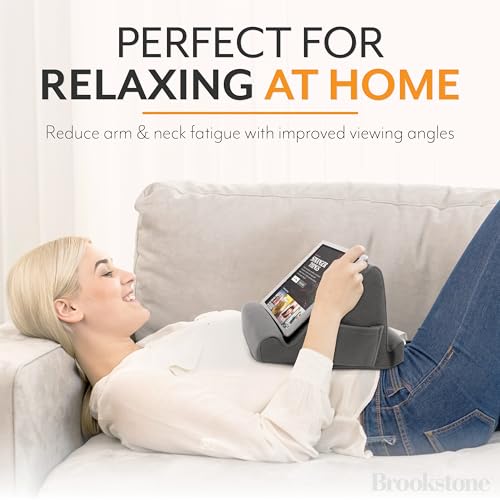 Brookstone, Memory Foam Lap Desk Tablet Holder, Holds Phones, iPads, E-Book Readers, 2 Viewing Angles, 2 Side Pockets for Accessories, Book Holder Cushion, Perfect Home, Car Travel, Flights, Gray - Image 2