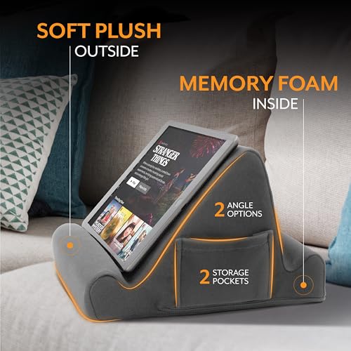 Brookstone, Memory Foam Lap Desk Tablet Holder, Holds Phones, iPads, E-Book Readers, 2 Viewing Angles, 2 Side Pockets for Accessories, Book Holder Cushion, Perfect Home, Car Travel, Flights, Gray - Image 5
