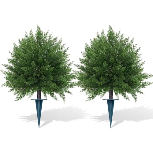 Grooy Artificial CedarTopiary Bushes for Outdoors with Spike, Set of 2 Cypress Topiary Trees with UV Resistant, Outdoors Fake Shrubs Faux Plants for Front Porch Indoor Outdoor Decor - Image 1
