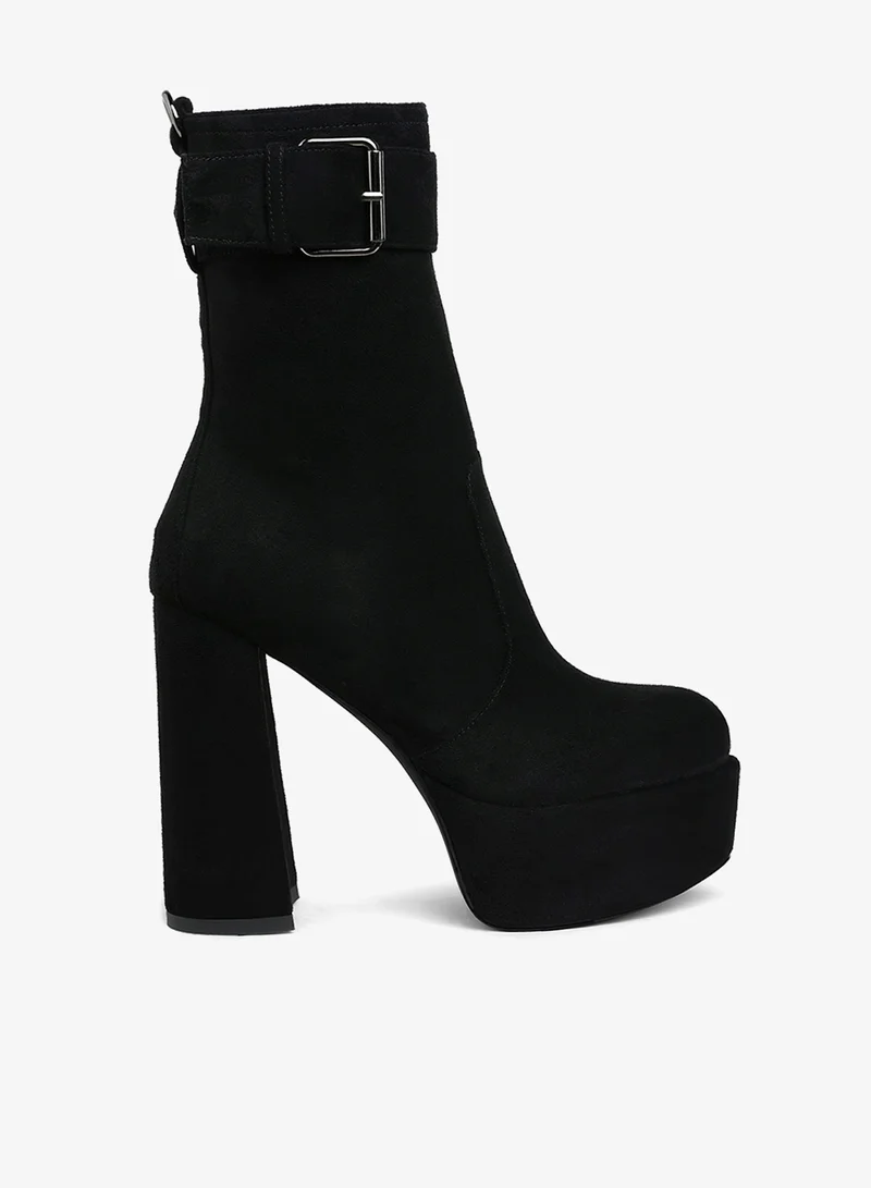 Flared Block Heel Mid-Calf Boots in Black