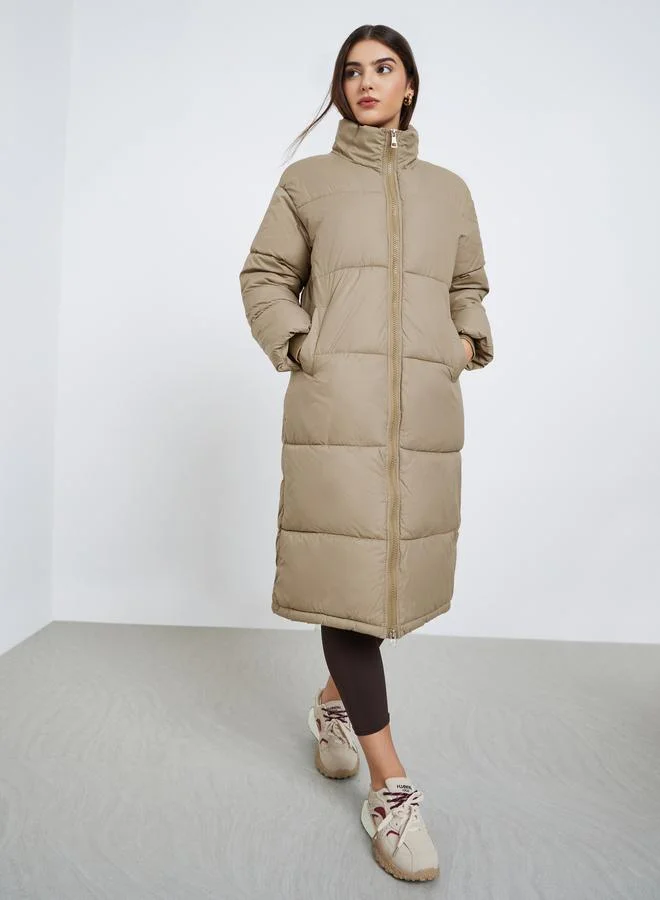 Styli Styli Beige Oversized Padded Coat with Side Pockets