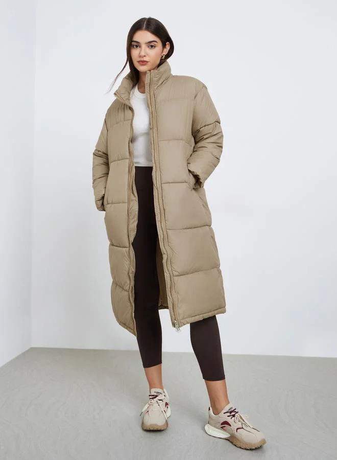 Styli Styli Beige Oversized Padded Coat with Side Pockets