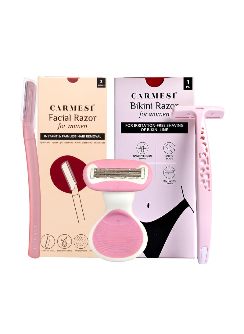 CARMESI FullBody Shaving Combo with 3 Facial Razors  1 Body Mini Razor  1 Bikini Razor  Painless  Precision Face Hair Removal  Prevents Nicks  Cuts  for Smooth Shave  5 Count 