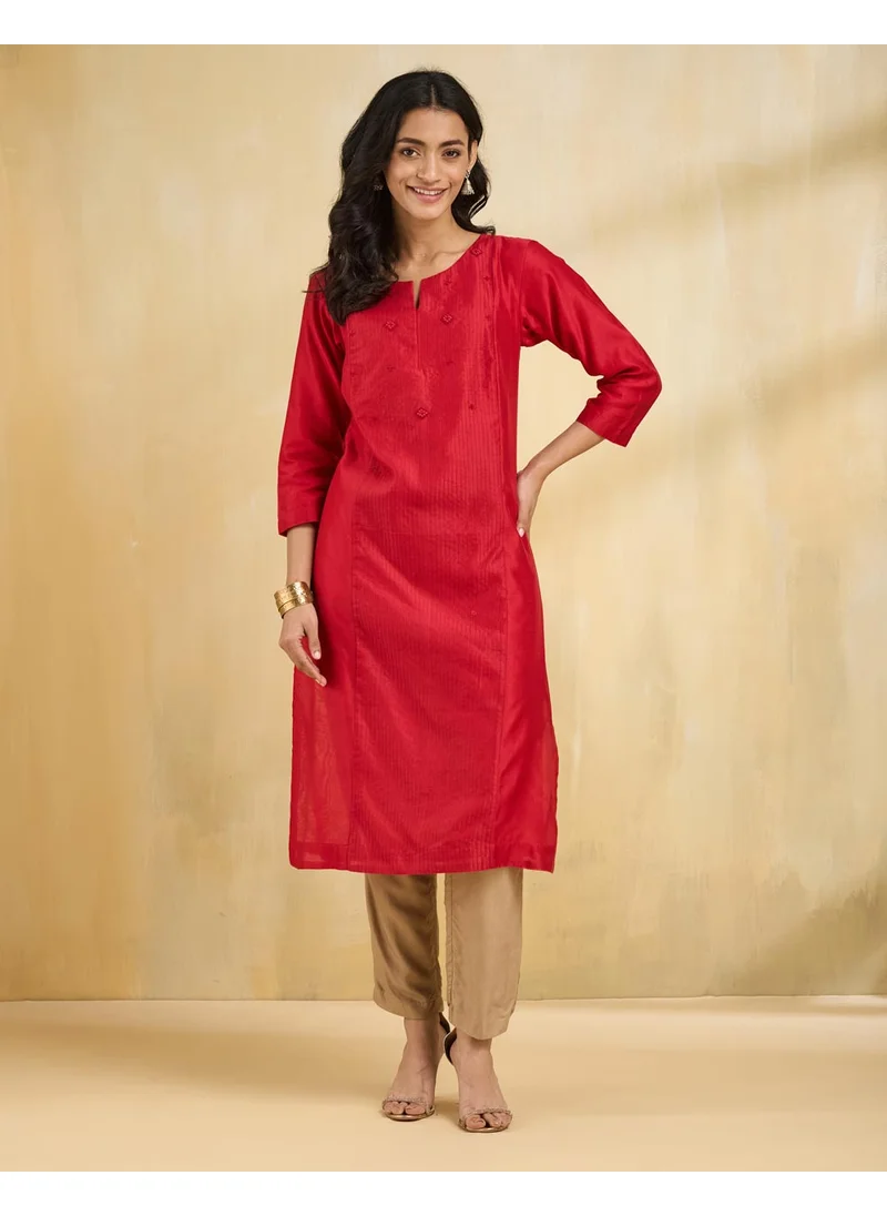 فاب انديا Red Cotton Silk Embroidered Long Kurta