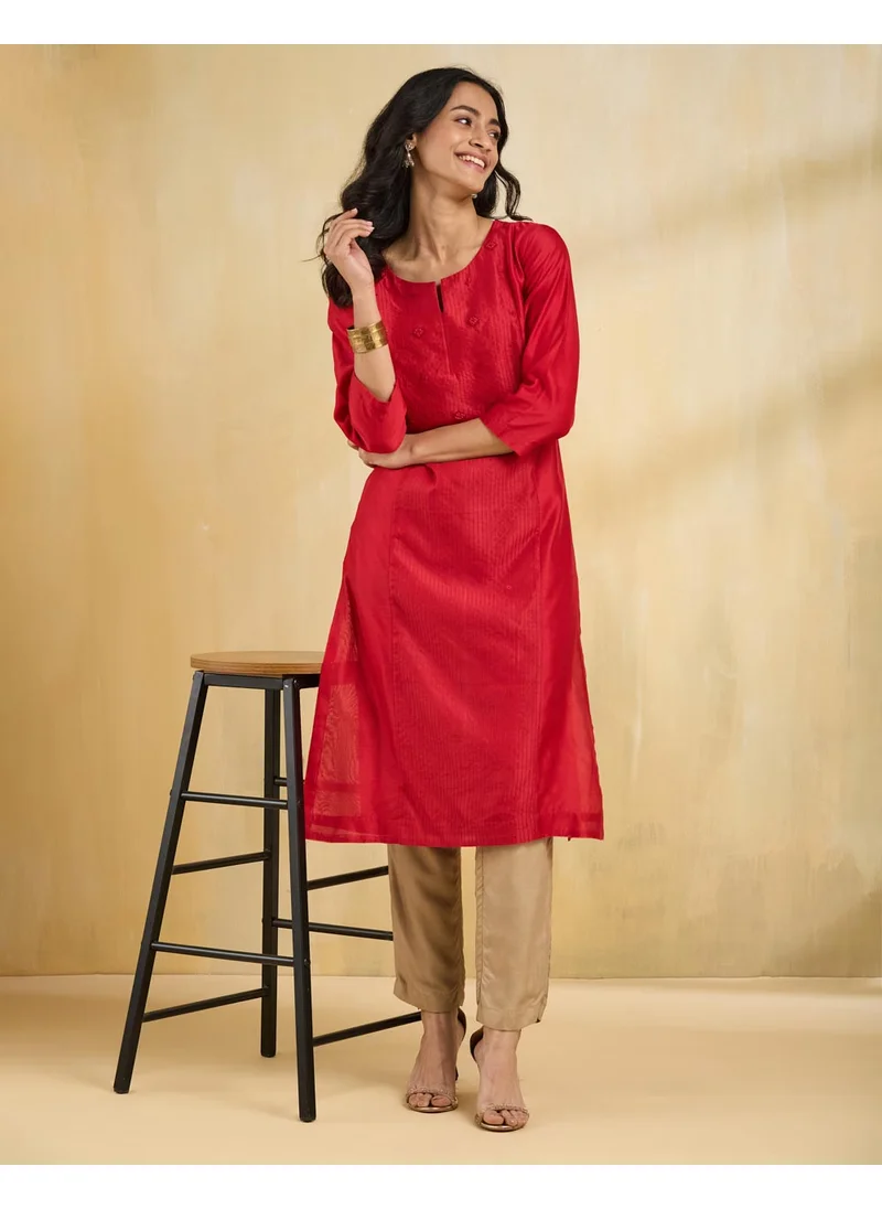فاب انديا Red Cotton Silk Embroidered Long Kurta
