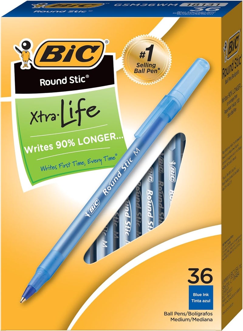 BIC Round Stic Xtra Life Blue Ballpoint Pens - Pack of 36 - Image 1