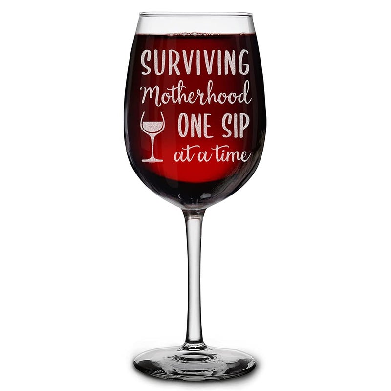 Shop4Ever shop4ever Surviving Motherhood One Sip At A Time Engraved Stemmed Wine Glass 16 oz Funny New Mom Gift Mothers Day 