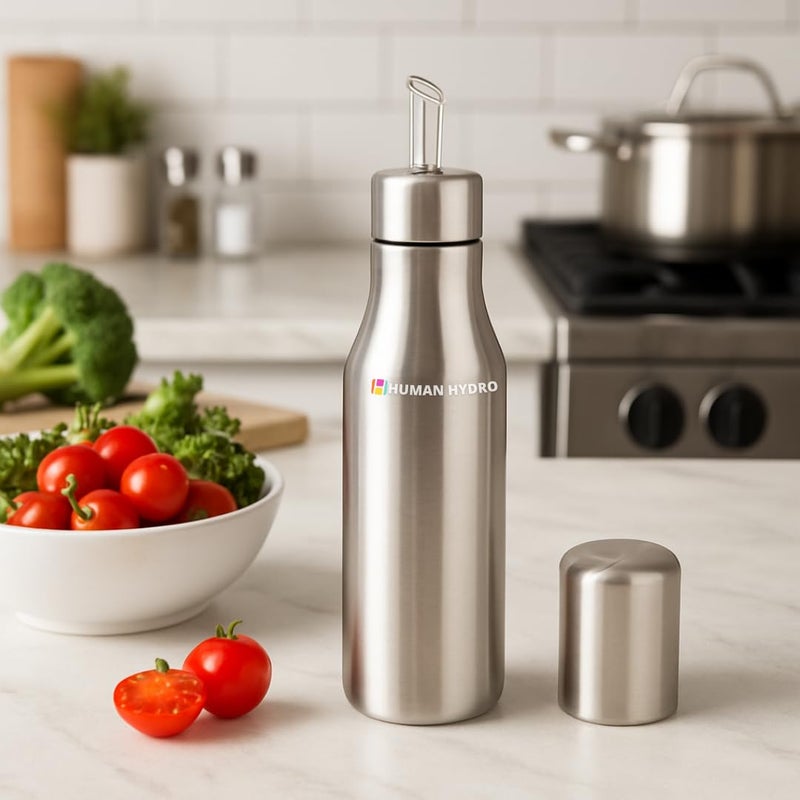 Human Hydro موزع زيت من الفولاذ المقاوم للصدأ – 750 مل | فوهة بدون تسرب، غطاء مانع للتسرب | مثالي للزيوت مثل زيت الخردل، زيت الزيتون، زيت السمسم والسمن | زجاجة تخزين زيت مقاومة للصدأ - Image 5