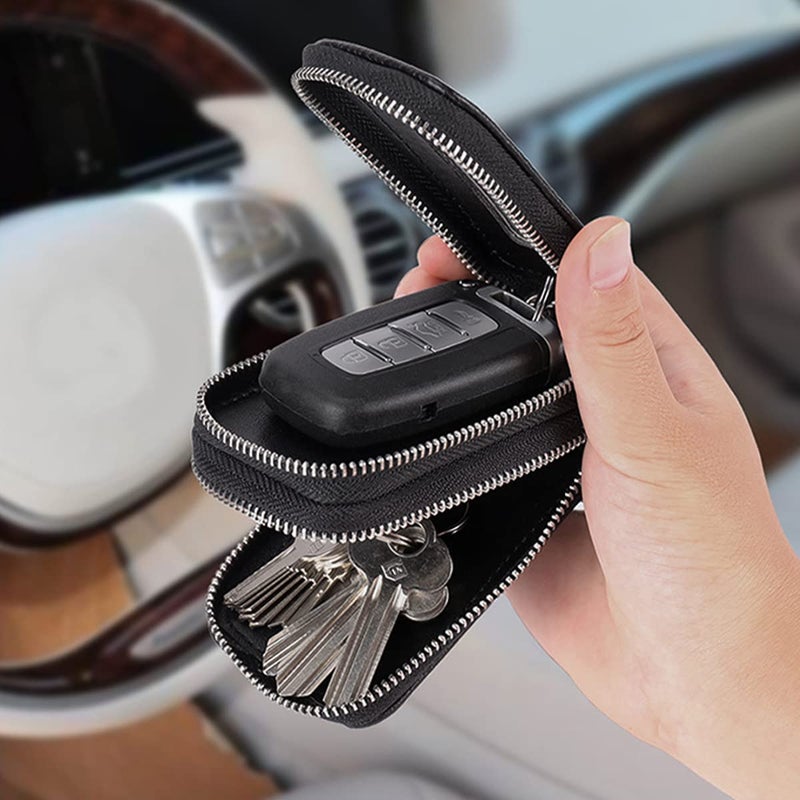 BELOMI Car Key Fob Case, Genuine Leather Remote Keychain Bag with Lanyard and Zipper Closure, Key Protection Cover for Men Women (Black) - Image 5