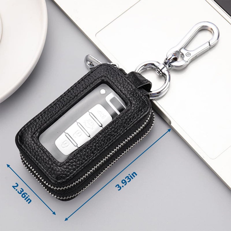 BELOMI Car Key Fob Case, Genuine Leather Remote Keychain Bag with Lanyard and Zipper Closure, Key Protection Cover for Men Women (Black) - Image 2
