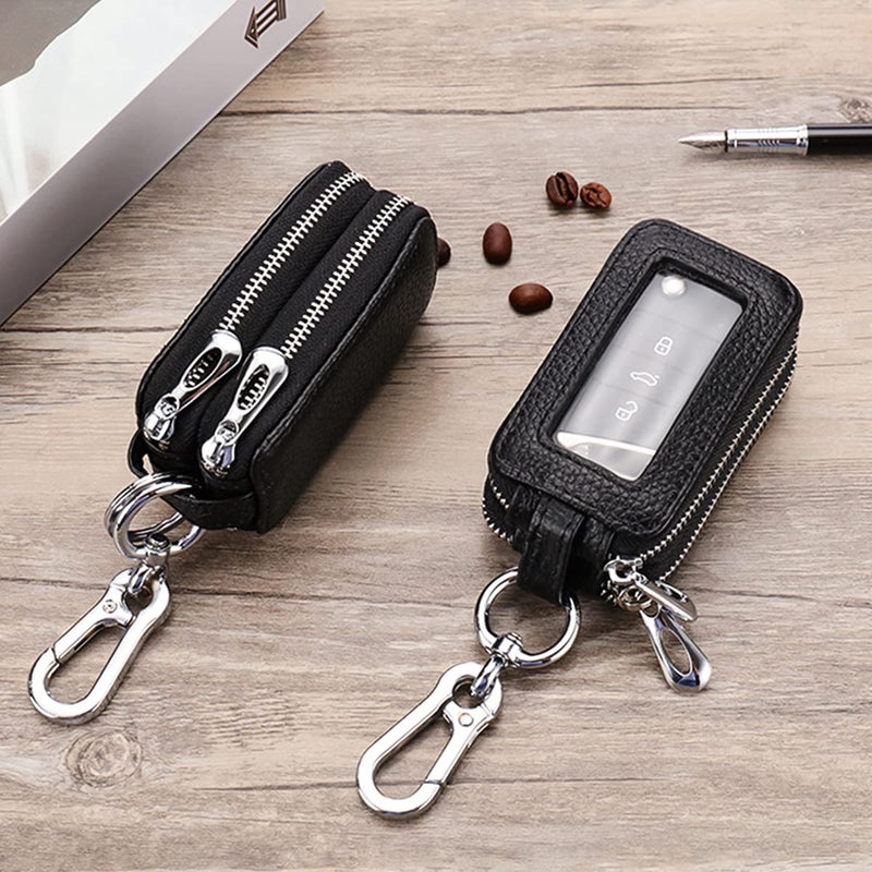 BELOMI Car Key Fob Case, Genuine Leather Remote Keychain Bag with Lanyard and Zipper Closure, Key Protection Cover for Men Women (Black) - Image 4