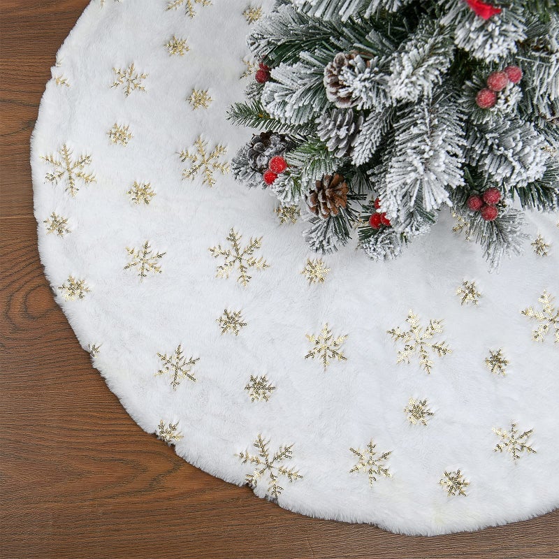 Faux Fur Christmas Tree Skirt48 inches Large Luxury Tree Skirt with Gold Snowflake Sequin Christmas Decorations Holiday Thick Plush Tree Xmas OrnamentsWhite and Gold48 Inch