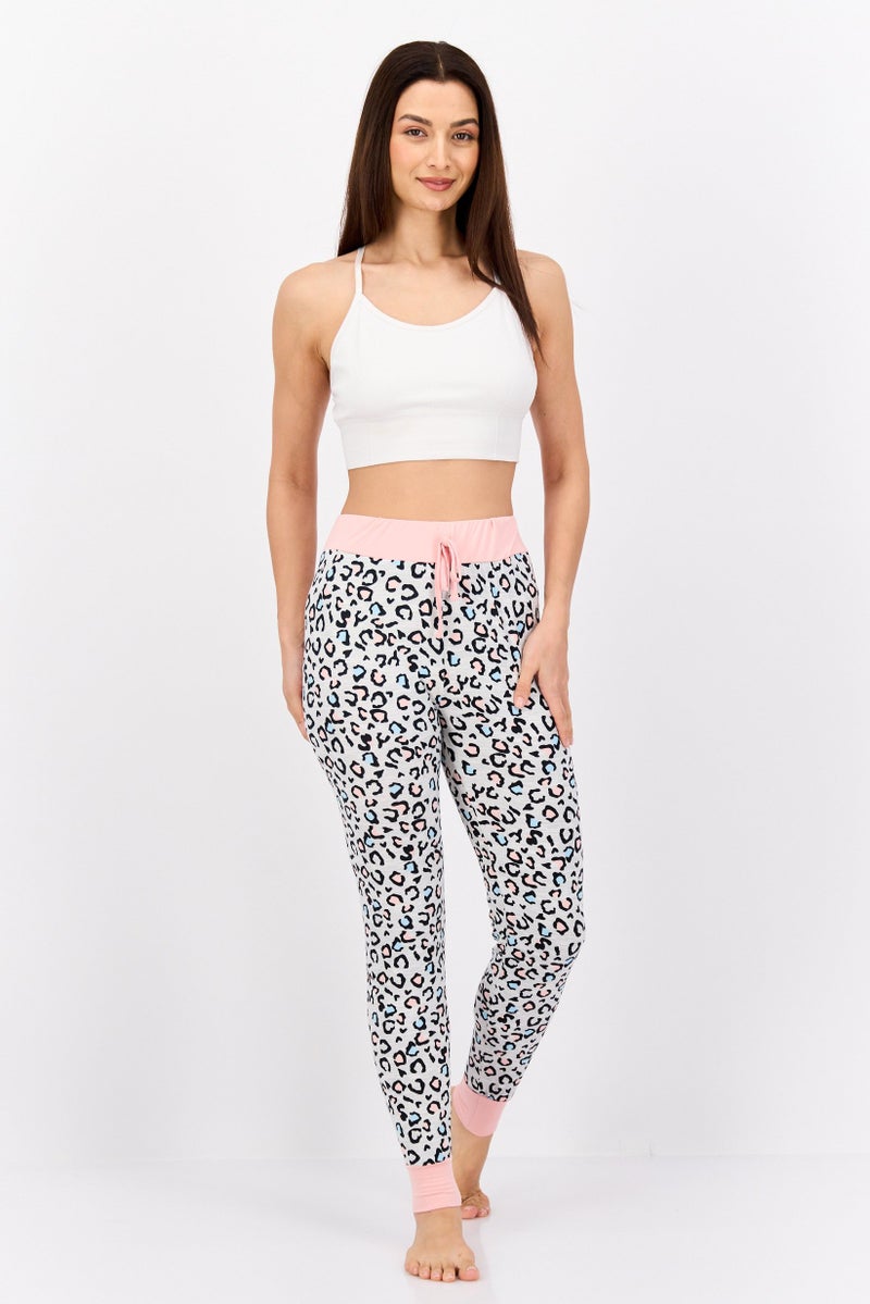 French Affair Women Animal Print Drawstring Pyjama Pants, Grey/Pink - Image 4
