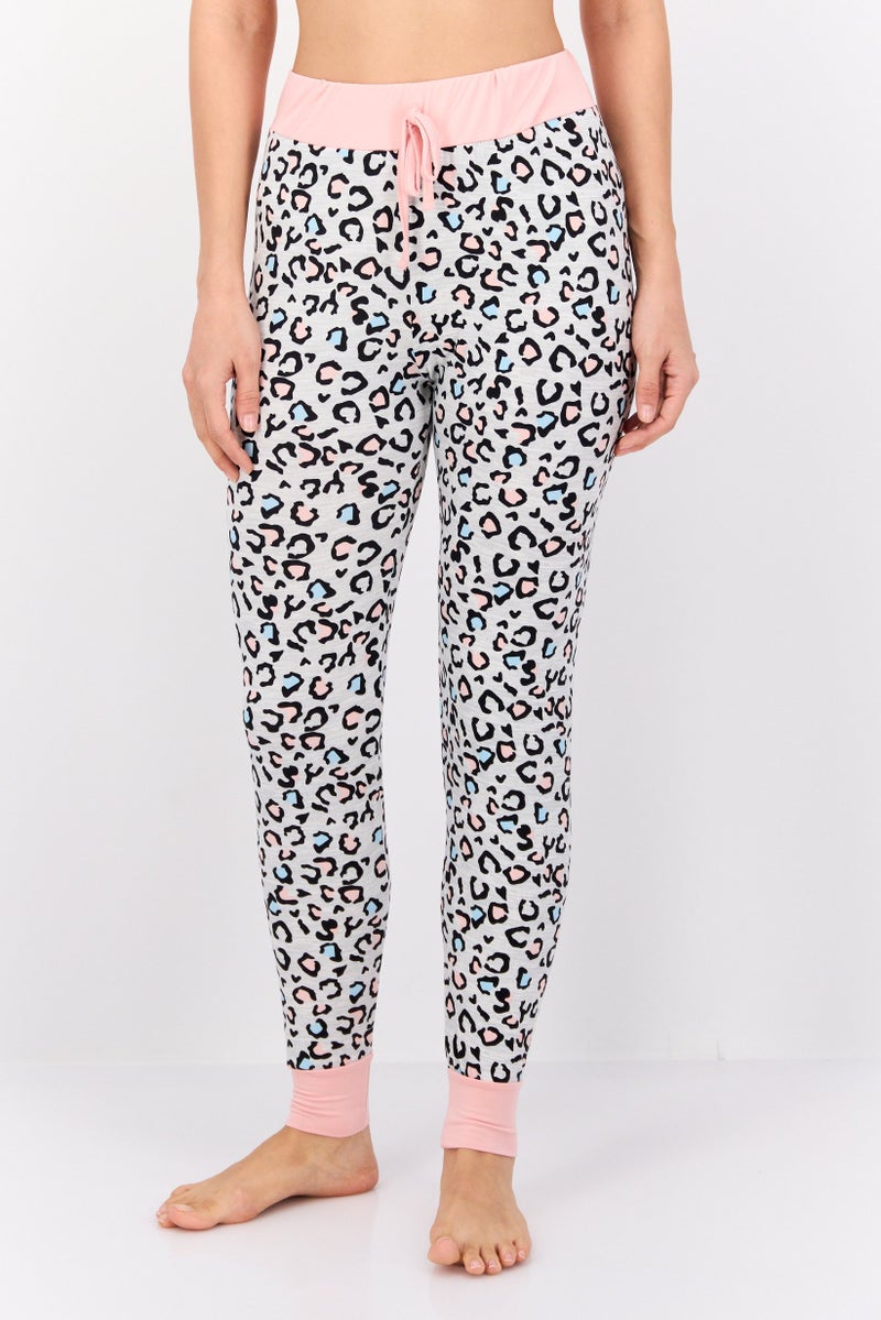 French Affair Women Animal Print Drawstring Pyjama Pants, Grey/Pink - Image 1