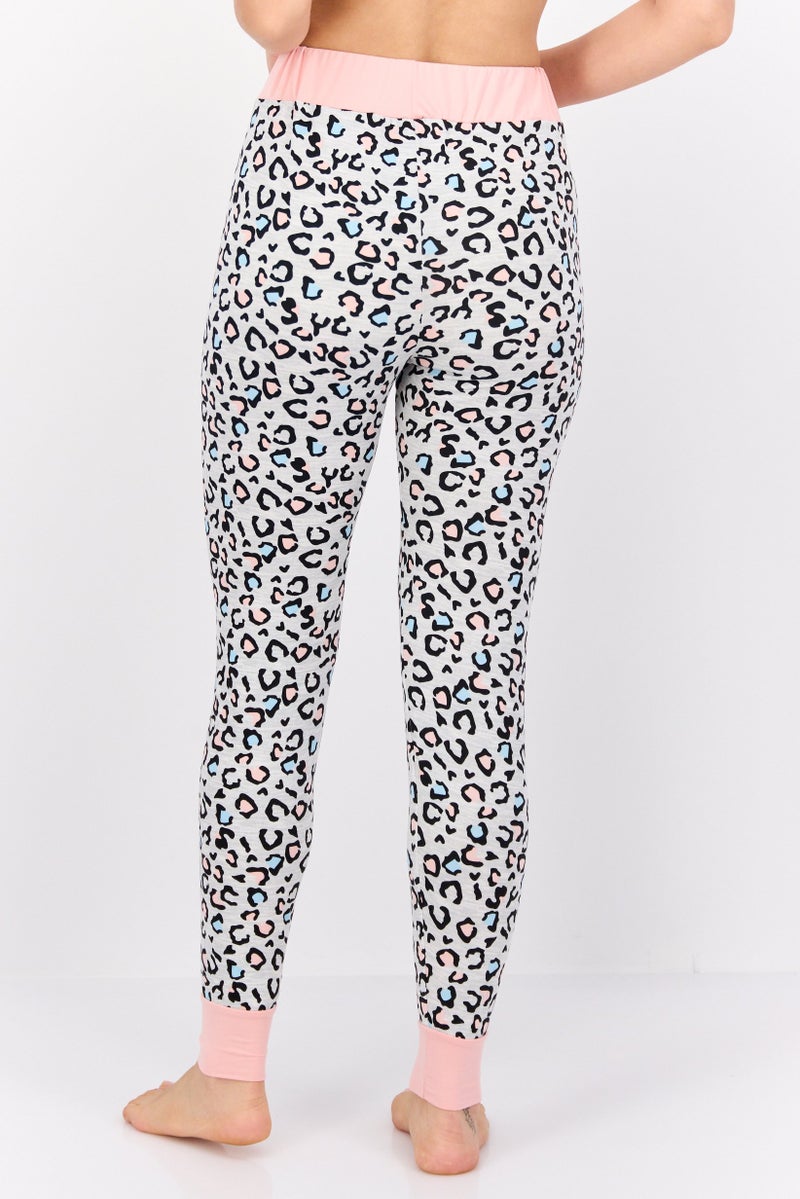 French Affair Women Animal Print Drawstring Pyjama Pants, Grey/Pink - Image 3
